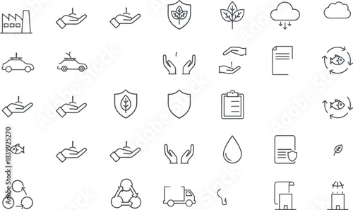 Sustainability icons, environmental protection symbols, eco-friendly graphics, green industry, recycling, clean energy, conservation, climate action, CSR, nature