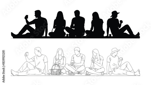 Group of five young adults sitting ground, looking at their mobile phones, silhouette and line art style