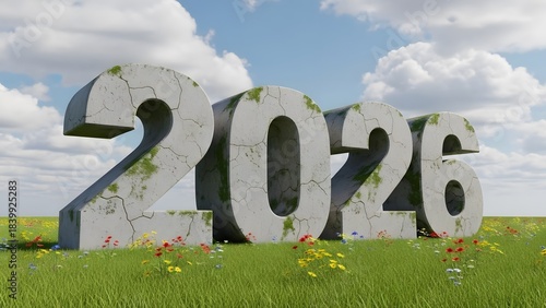 The year 2026 rendered in stone on a green field under cloudy skies