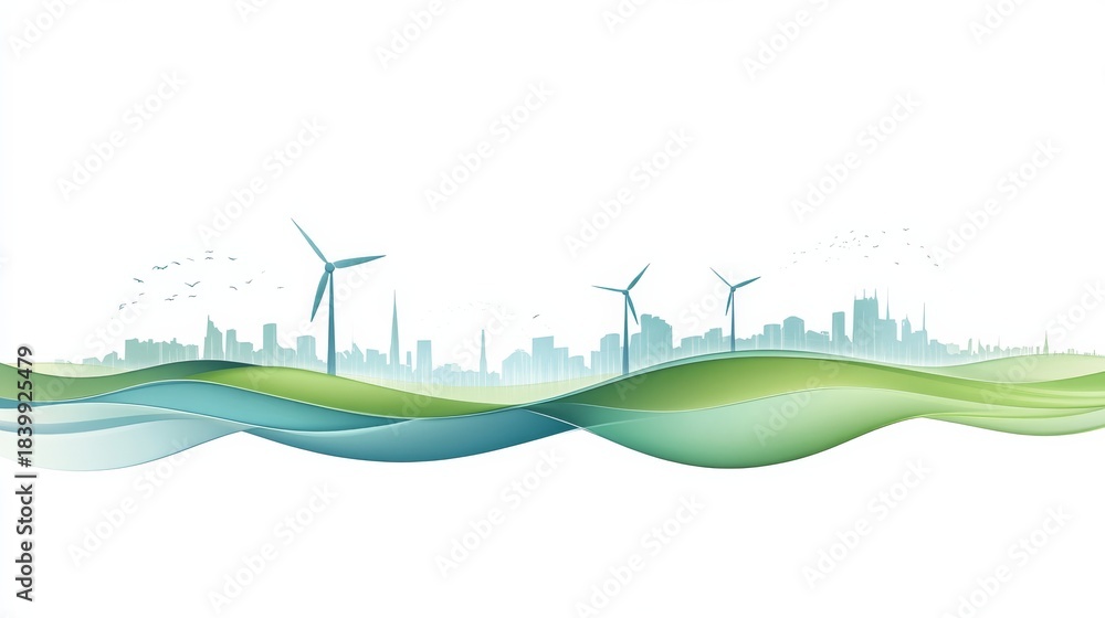 Obraz premium Vector illustration of a green energy city, on a white background with light colors. The image features green and blue color waves with wind turbines in the distance.