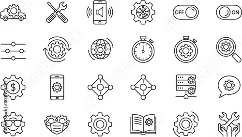 Technology icons, engineering symbols, system settings graphics, automation visuals, diagnostics tools, mobile repair, network hub, gear, innovation, tools