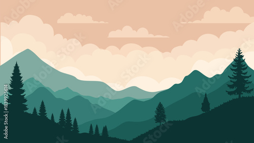 Scenic mountain landscape with conifer trees. Beautiful landscape of mountains, coniferous forest, trees, and clouds at sunrise or sunset. Vector illustration.