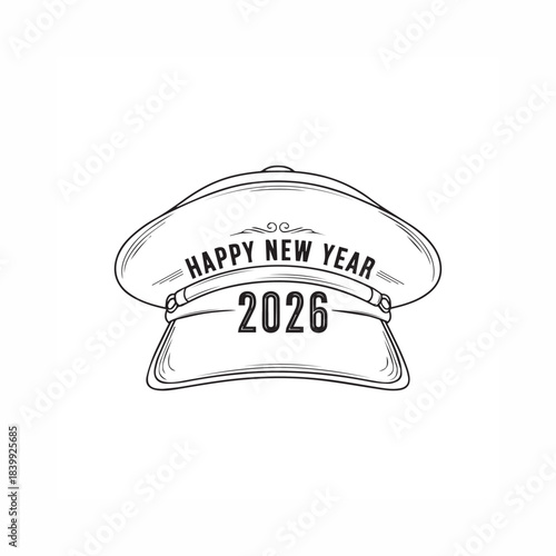 Happy New Year 2026 Black and White Outline Peaked Cap Icon.