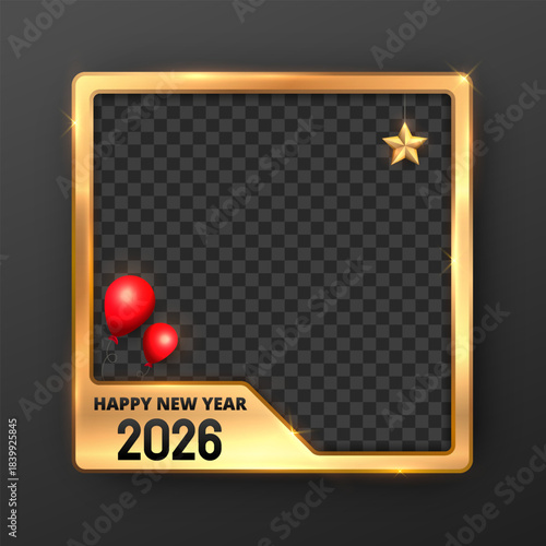 Happy New Year 2026 Luxury Golden Frame with Red Balloons and Gold Star Decorations