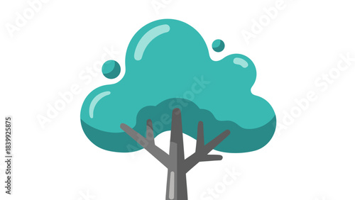 Stylized teal tree with cartoonish puffy crown and gray trunk against a stark black background with reflective highlights on the crown suggesting a glossy surface and simplified abstract botanical