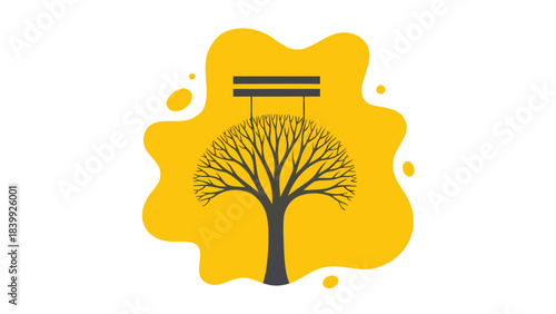Stylized Tree Silhouette with Yellow Blob Background and Gray Stripes Above Tree Symbolizing Growth and Nature in Minimalist Design