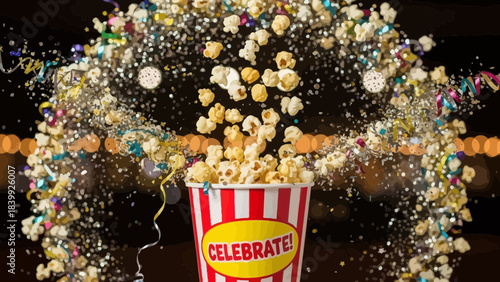 Popcorn exploding from a striped bucket with confetti and streamers celebrating a festive event