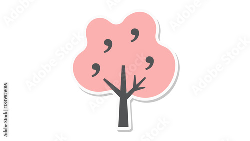 Stylized Tree with Pink Foliage and Gray Trunk Featuring Commas as Leaves on Black Background with White Outline Representing Abstract Nature Concept