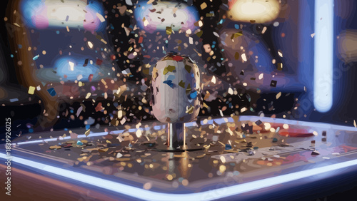 Confetti explosion around a lottery ball on a game machine concept of winning and luck celebration a
