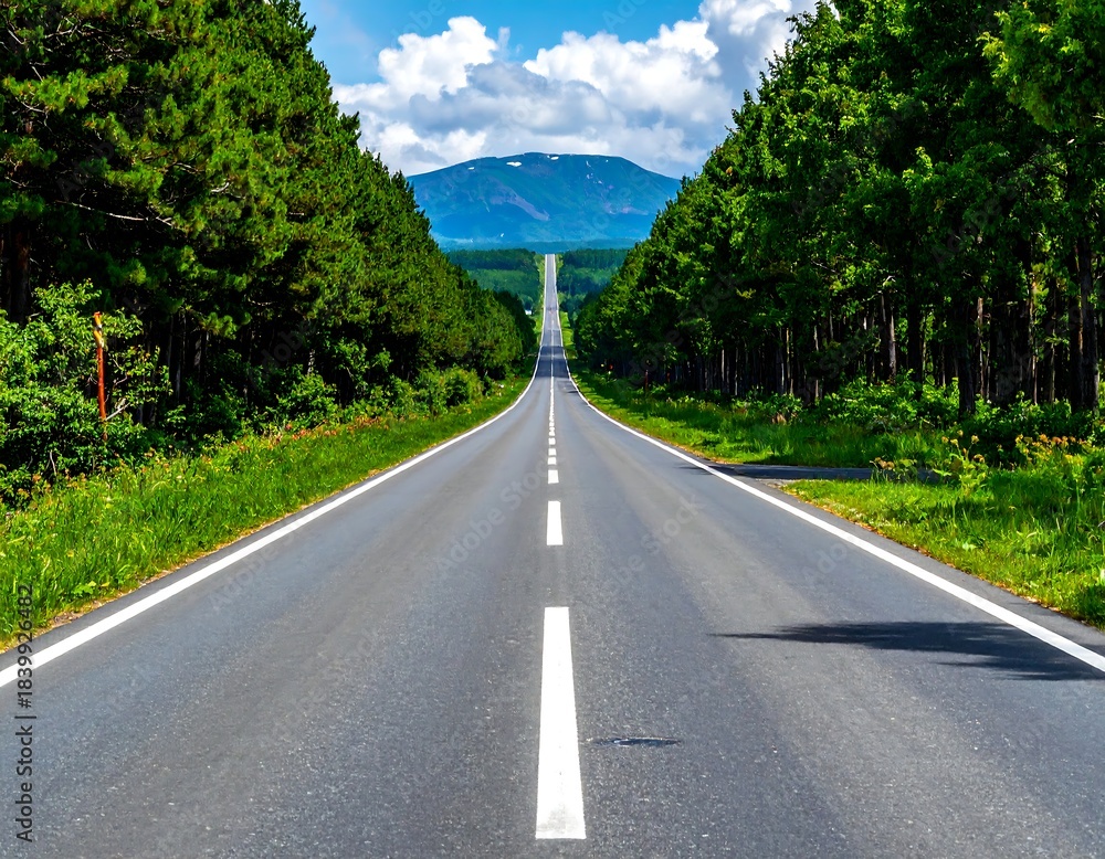Fototapeta premium A straight road through lush trees towards a distant mountain
