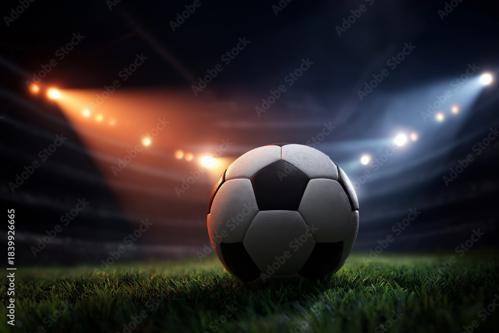 Naklejka premium Soccer ball on stadium grass under dramatic match lighting