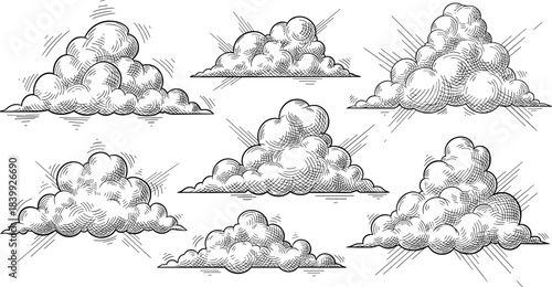 Vintage engraving style vector set of detailed cumulus clouds, hand-drawn in black and white hatching lines, perfect for weather, sky, and retro designs.