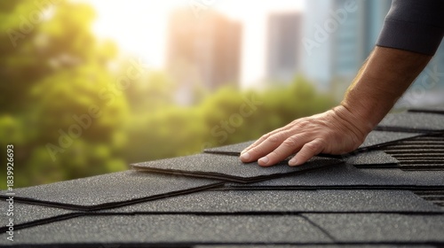 Roofing worker hand with shingles closeup