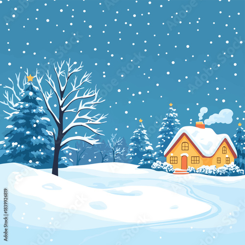 Beautiful landscape with snow covered fir trees and house with snowdrifts