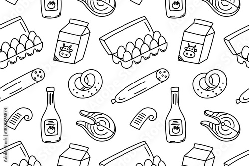 Flat cartoon vector illustration of black and white groceries pattern with fish, eggs, sausage, ketchup bottle, milk and bakery bun, simple shopping theme, seamless design for market and food projects