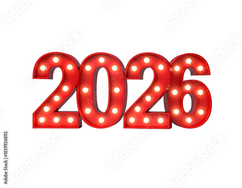 Bright red marquee numbers 2026 illuminated with warm lights