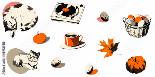 A cozy still life featuring autumn elements cats coffee and decorative objects