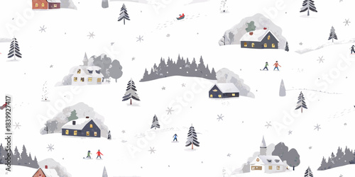 Winter wonderland scene with cozy houses snowy hills and cheerful skiers