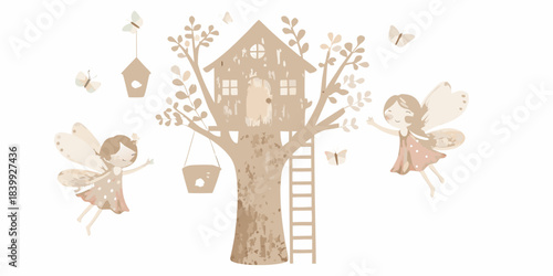 A whimsical illustration of a treehouse fairies and a birdhouse in neutral tones