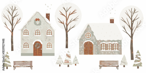 Charming winter scene depicting cozy houses nestled among snowy trees