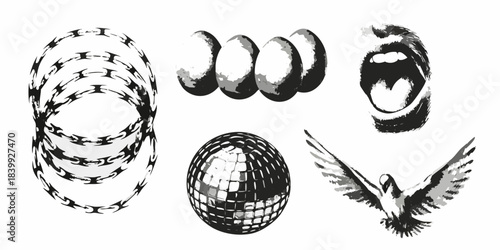 An assortment of black and white illustrations including barbed wire a globe and a bird