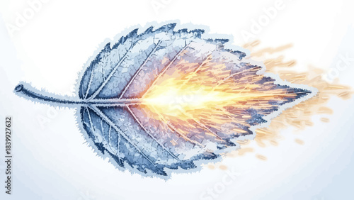 Frozen leaf with glowing energy representing winter transition to spring isolated on white