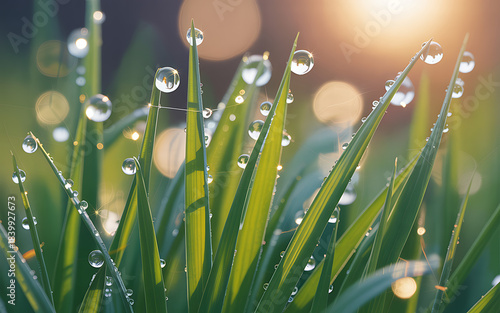 Macro shot of glistening dew drops on lush green grass blades reflecting sunlight at sunrise, nature's delicate beauty