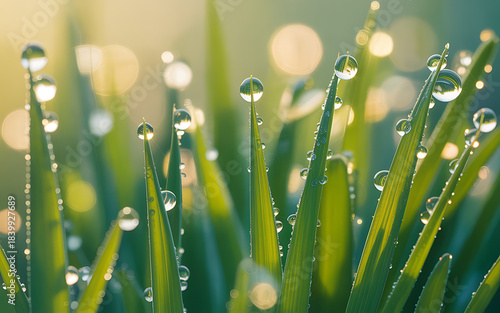 Close-up of vibrant green grass blades adorned with sparkling morning dew drops, reflecting gentle sunlight, evoking freshness, growth, and the serene beauty of nature's awakening