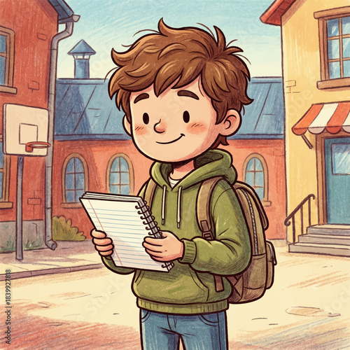 Cartoon illustration of a cheerful boy with short, messy hair, wearing a hoodie and jeans, carrying a backpack and holding a notebook.