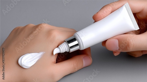 Hand applying cream from a tube on a plain background in a bright setting