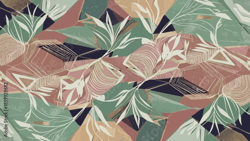 Abstract Botanical Pattern: An intricate abstract pattern composed of botanical elements, creating a visually captivating design with its artistic blend of natural forms and geometric shapes. 