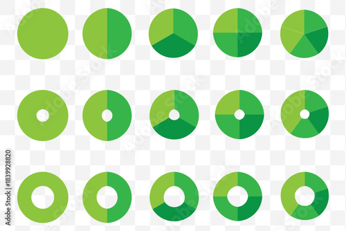 Pie chart set. Colorful diagram collection with sections or steps. 1,2,3,4,56,7,8,9,10,11,12 segment infographic. Circle pie chart diagram. Set of colorful pie charts with varying segments. eps 10