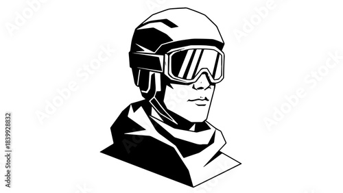 Monochrome illustration of a winter sports enthusiast wearing a ski helmet and goggles, ready for snowboarding or skiing