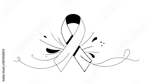 Black and White Awareness Ribbon Illustration with Abstract Ink Splatters and Swirls. Symbol of Grief, Remembrance, and Support.