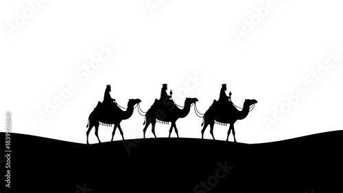 Desert caravan silhouette: three majestic camels carrying riders across a minimalist landscape in black and white.