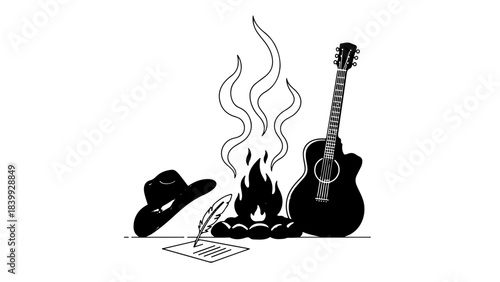 Rustic campfire with acoustic guitar, cowboy hat, quill pen and paper. Outdoor folk music and storytelling concept art.