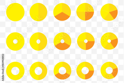 Pie chart set. Colorful diagram collection with sections or steps. 1,2,3,4,56,7,8,9,10,11,12 segment infographic. Circle pie chart diagram. Set of colorful pie charts with varying segments. eps 10