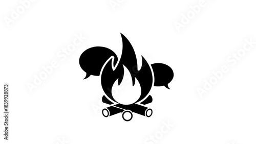 Black Vector Icon of Campfire with Speech Bubbles - Social Gathering, Conversation, Storytelling Concept on White Background
