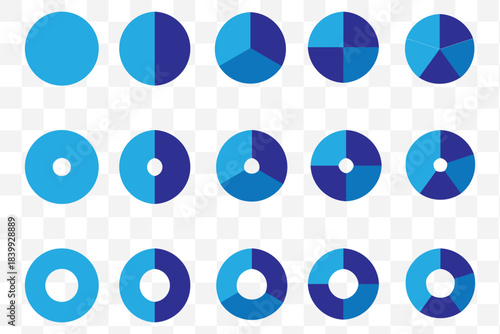 Set of colorful pie charts. Colorful pie charts with varying segments. Circle section graph. Pie chart set. Pie charts diagrams. Different color circles. donut and pie chart infographic elements set