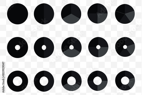 Set of colorful pie charts. Colorful pie charts with varying segments. Circle section graph. Pie chart set. Pie charts diagrams. Different color circles. donut and pie chart infographic elements set