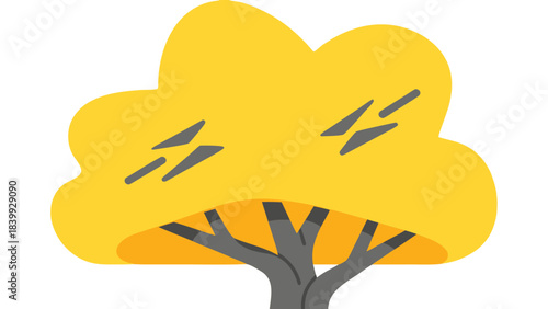 Stylized Yellow Autumn Tree with Gray Branches Against a Black Background Simple Geometric Illustration Vibrant Fall Foliage