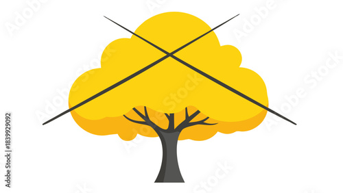 Stylized Yellow Autumn Tree with Crossed Lines in a Minimalist Design on Black Background