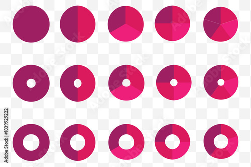 Set of colorful pie charts. Colorful pie charts with varying segments. Circle section graph. Pie chart set. Pie charts diagrams. Different color circles. donut and pie chart infographic elements set