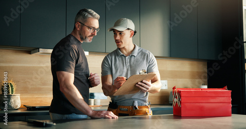 Fotografie Plumber, talk and man with clipboard at house for inspection, plumbing evaluation or report