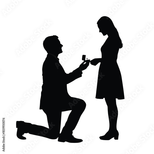 Man Proposing to a Woman Silhouette (Engagement). Love, Romance, Marriage Proposal, and Special Moment Vector Graphic.