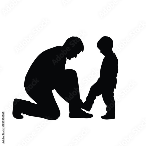 Father Silhouette Bending Down to Tie Son's Shoe Laces. Parental Care, Family Bond, Learning, and Childhood Routine Concept.