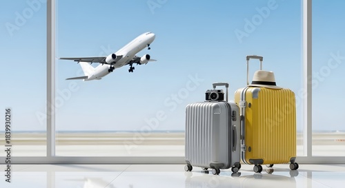 Two pieces of colorful luggage and a camera standing in an airport terminal with a plane taking off outside the window. Concept of air travel, global transport, and summer holiday vacation.
