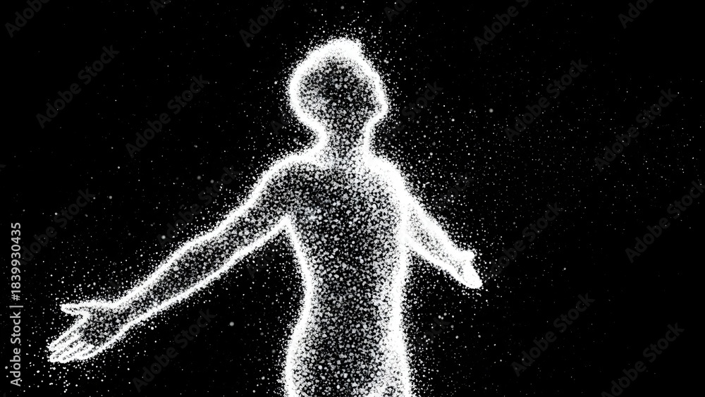 Fototapeta premium Human figure composed of glowing white particles against a dark background, arms outstretched