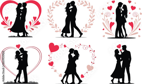 a collection of romantic silhouettes depicting loving couples embracing and kissing adorned with hearts and floral wreaths symbolizing affection high quality professional detailed modern elegant