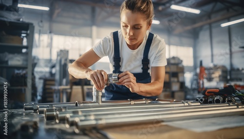Female Plumber Assembling Pipe Fittings in Workshop